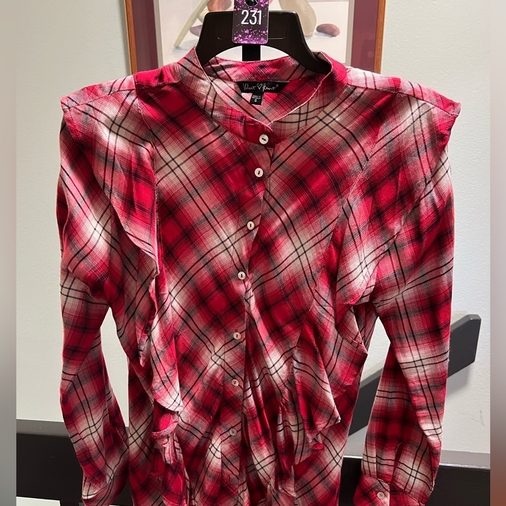 Velvet Heart Red and White Ruffled Plaid Button-Down Shirt NWOT #231
